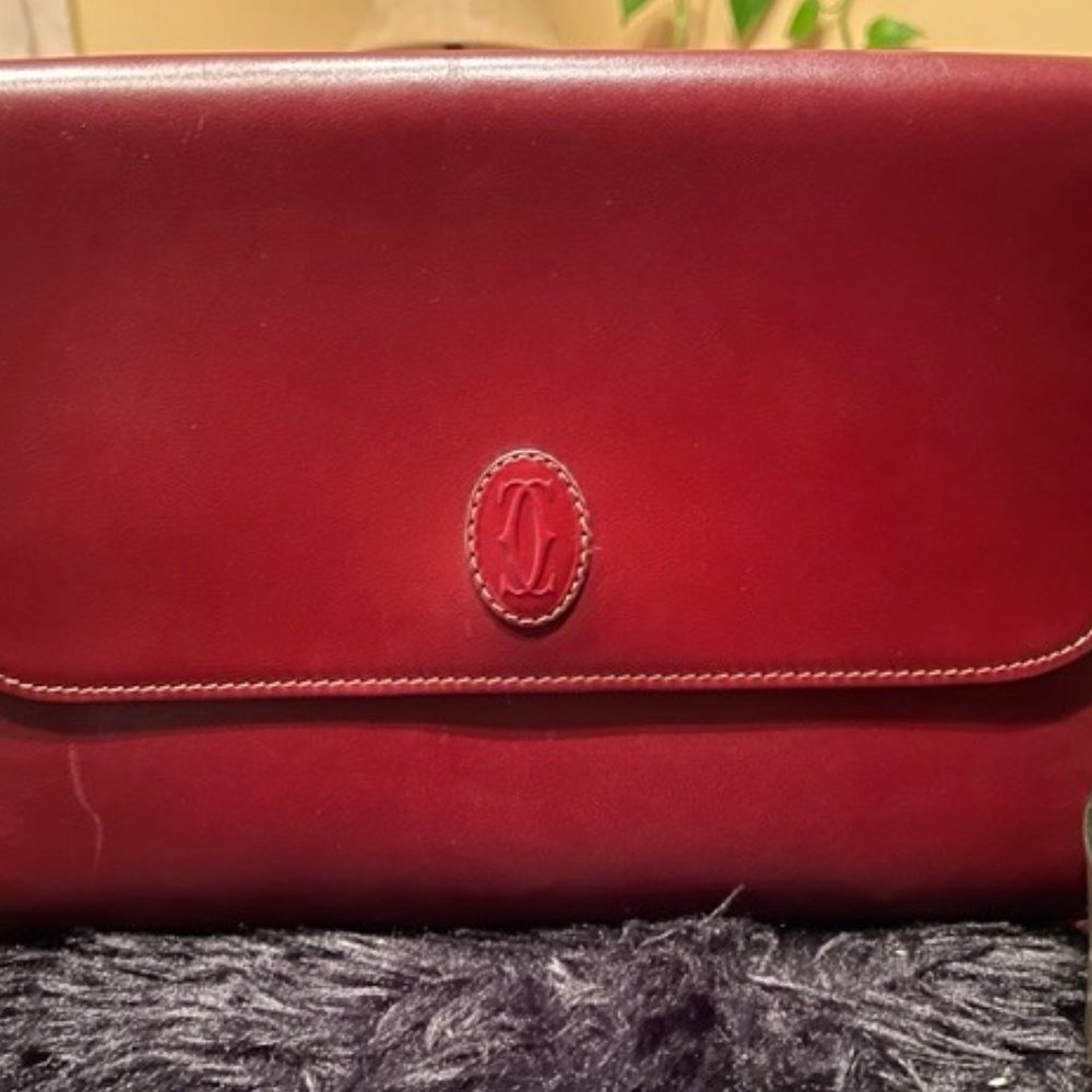 Cartier EUC VINTAGE Wine Leather Clutch, Mini Document Portfolio Bag